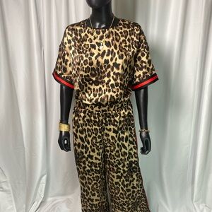 Leopard Print  2 piece pant & top with Red Accents